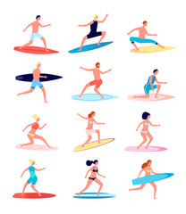 Fototapeta na wymiar Surfers. Funny people, female surfer standing on surfboard. Happy guy in beachwear. Active surfing boy and girl, beach lifestyle vector set. Ocean surfing, recreation extreme, surfboard illustration