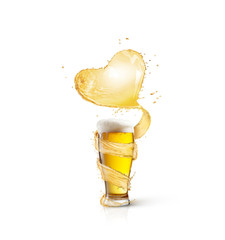 Glass of beer with spiral splash in the shape of heart and drops.