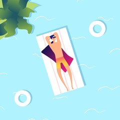 Man swimming. Summer sea guy in water. Cartoon person on mattress, summertime in pool. Vacation time, travel and relax vector illustration. Summer sea vacation, holiday and travel