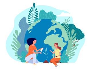 Saving planet. Environment day, ecology woman and girl planting tree. Earth, happy green world. People with sprout vector illustration. Ecology environment, natural ecosystem worldwide