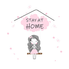 Cute little girl in pink with swinging on a cloud cartoon for stay at home vector design