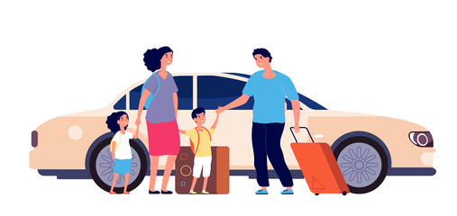 Happy travel. Family luggage, summer happy trip. Car to airport man mother daughter. Travellers with bags, auto journey vector illustration. People with luggage travel, summer tourist