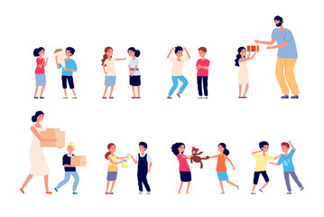 Bad behavior. Bad boy girl. Bully child has conflict. Little friends quarrel, bullying and arguing, destroyed toy and crying kids vector set. Bullying children and kind people gift illustration