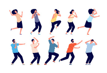 Frightened people. Young emotional person, panic or crisis. Man woman afraid, girl scared. Expression reaction, isolated humans vector set. Character crisis panic, frightened and scared illustration