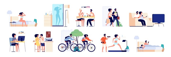 Couple routine. People clean home, everyday caring life. Young girl man together. Happy family lifestyle, housework and cooking vector set. Couple routine, woman and man together everyday illustration