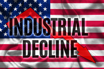 Industrial decline in the United States. Falling business graph and text on USA flag background.