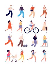 People walking. Dog walk, guy running, ice cream eating. Isolated outdoors activity single man woman. Summertime, stylish adults vector set. Sport training and walking, collection people illustration