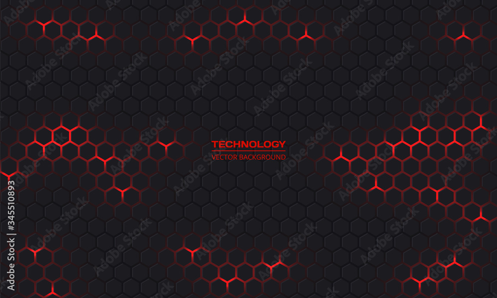 Poster Dark hexagonal technology vector abstract background. Red bright energy flashes under hexagon in modern dark technology futuristic background vector illustration. Dark honeycomb texture grid.