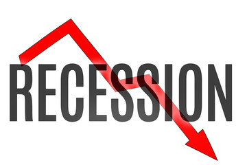 Economic crisis. Red arrow down and the inscription Recession. Slowdown and decline of the economy.