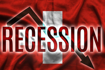 Fototapeta na wymiar Economic crisis in Switzerland. Flag of the Switzerland, red arrow down and the inscription Recession. Slowdown and decline of the economy.