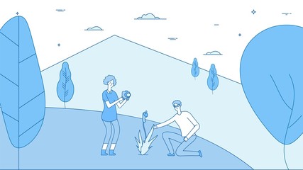 Vacation on nature. Travel couple, woman make photo. Botanical expedition, biologists at work. Man woman in forest or park vector illustration. Couple hiking and travel, vacation and tourism