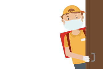 Courier in mask. Safe delivery during quarantine. Vector illustration.