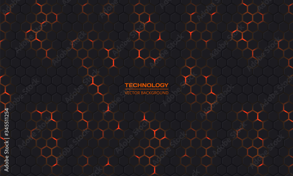 Aufkleber Dark hexagonal technology abstract vector background. Orange bright energy glares under hexagon in modern dark technology futuristic background vector illustration. Dark yellow honeycomb texture grid.