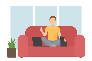 Man sitting on couch and stroking cat. Vector illustration.