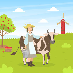 Woman with Bucket Standing Next to Spotted Cow, Female Farmer Working at Farm, Summer Rural Landscape Vector illustration