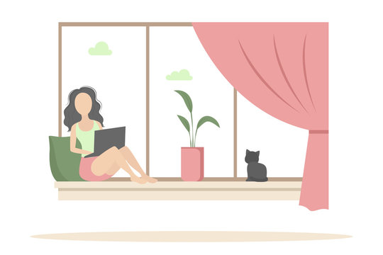 Woman Sitting On Windowsill And Working On Laptop. Vector Illustration.