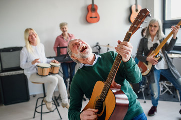 Group of senior people playing musical instruments indoors in band. - obrazy, fototapety, plakaty