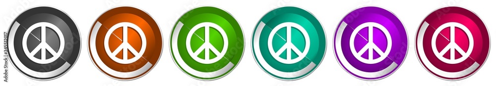 Fototapete peace icon set, silver metallic chrome border vector web buttons in 6 colors options for webdesign