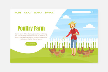 Obraz premium Woman Feeding Chickens, Female Farmer Taking Care of Poultry on Farm Vector illustration