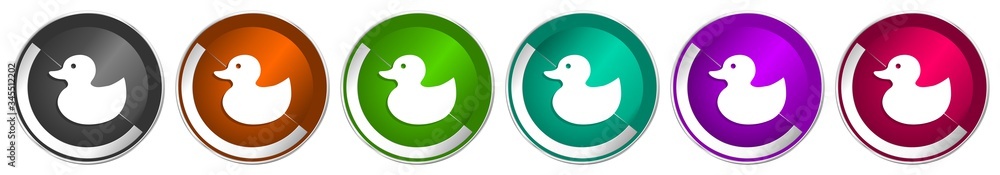 Poster duck toy, bird icon set, silver metallic chrome border vector web buttons in 6 colors options for we