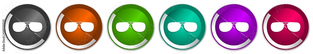Poster sun glasses, sunglasses icon set, silver metallic chrome border vector web buttons in 6 colors optio