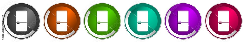 Poster fridge, refrigerator icon set, silver metallic chrome border vector web buttons in 6 colors options 