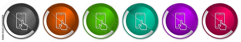 Aufkleber smartphone icon set, mobile phone silver metallic chrome border vector web buttons in 6 colors optio