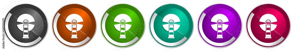 Aufkleber lighthouse icon set, navigation, sea silver metallic chrome border vector web buttons in 6 colors op