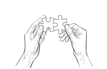 hands connect Jigsaw puzzle piece. The concept of establishing contacts, teamwork, partnerships, understanding, cooperation, solutions. Vector sketch line illustration