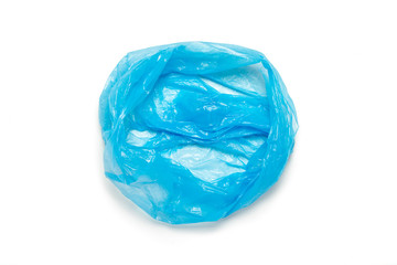 Open blue trash bag on an isolated white background. The concept of cleaning, garbage removal. Flat lay, top view