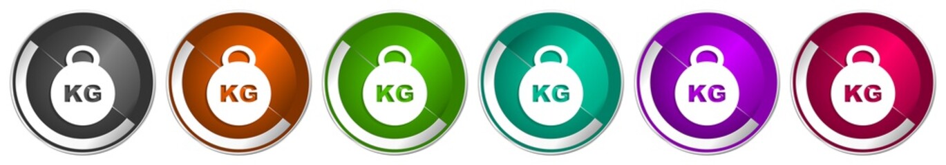 Kilogram icon set, kilo, kg, weight silver metallic chrome border vector web buttons in 6 colors options for webdesign