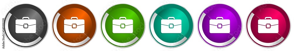 Poster briefcase icon set, bag, case, business silver metallic chrome border vector web buttons in 6 colors
