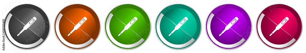 Poster electronic digital medical thermometer icon set, silver metallic chrome border vector web buttons in