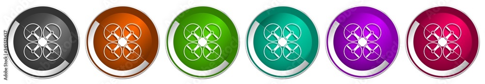 Aufkleber Drone icon set, copter silver metallic chrome border vector web buttons in 6 colors options for webdesign