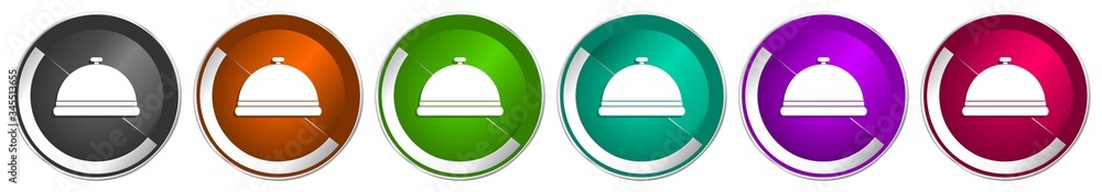 Poster restaurant icon set, food service silver metallic chrome border vector web buttons in 6 colors optio