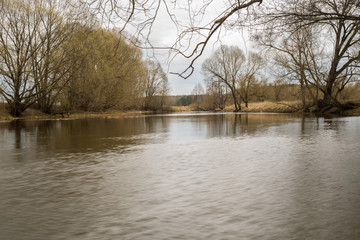 panorama of the belarusian river in early spring. April 2020