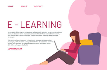 Landing page of e-learning. Illustration of a woman studying inside a house during the covid-19 pandemic virus