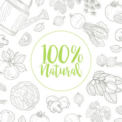 Obraz premium Natural Farm Food Banner Template with Hand Drawn Vegetables Seamless Pattern Vector Illustration