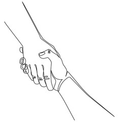 Continuous line Helping hand concept. Gesture, sign of help and hope. Two hands taking each other. Isolated illustration on white background.