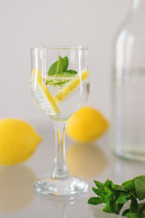 One glass of sparkling mineral water with fresh mint leaves and lemon. Vitamin detox drink