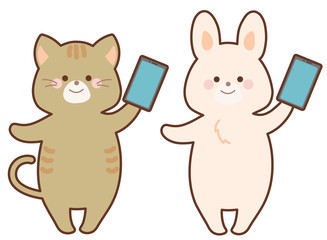 スマホを持つうさぎと猫　セット
