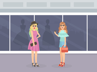 Beautiful Young Women in Fashion Clothing Standing and Talking to Each Other Vector Illustration