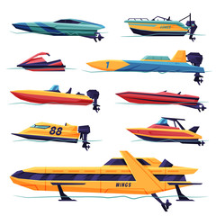 Modern Power Boats or Speedboats Collection, Motorized Water Transport, Summer Vacation Design Elements Vector Illustration