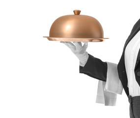 Fototapeta premium Beautiful female waiter with tray and cloche on white background