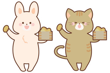 2月　節分　豆まきをするうさぎと猫　セット