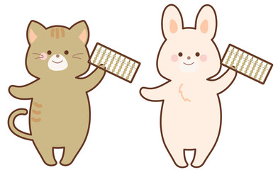 算盤を持ったうさぎと猫　セット