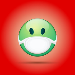 Vector Emoji sticker with mouth medical protection mask isolated on red background. Green smile face character with white surgeon mask. Self isolation concept ilustration or icon