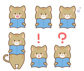 読書する猫の表情バリエーションセット