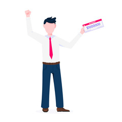 Happy lottery winner with prize paycheck. Fortune lottery or casino gambling lucky games concept flat style design vector illustration isolated white background. Man standing up with check.