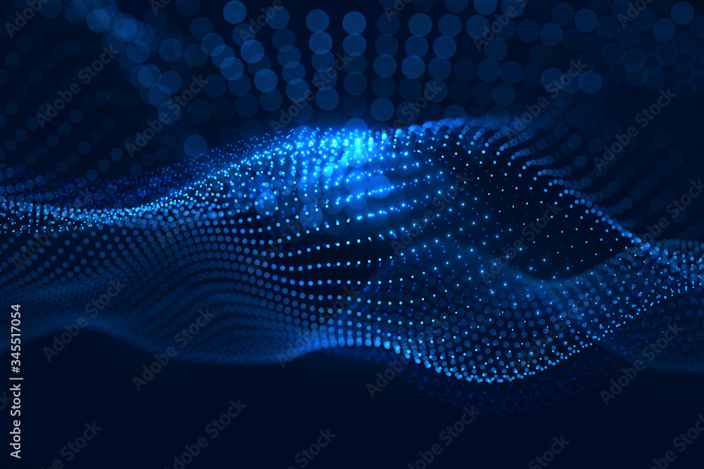 Aufkleber moving neon blue dots pattern forming a digital network connection on dark background